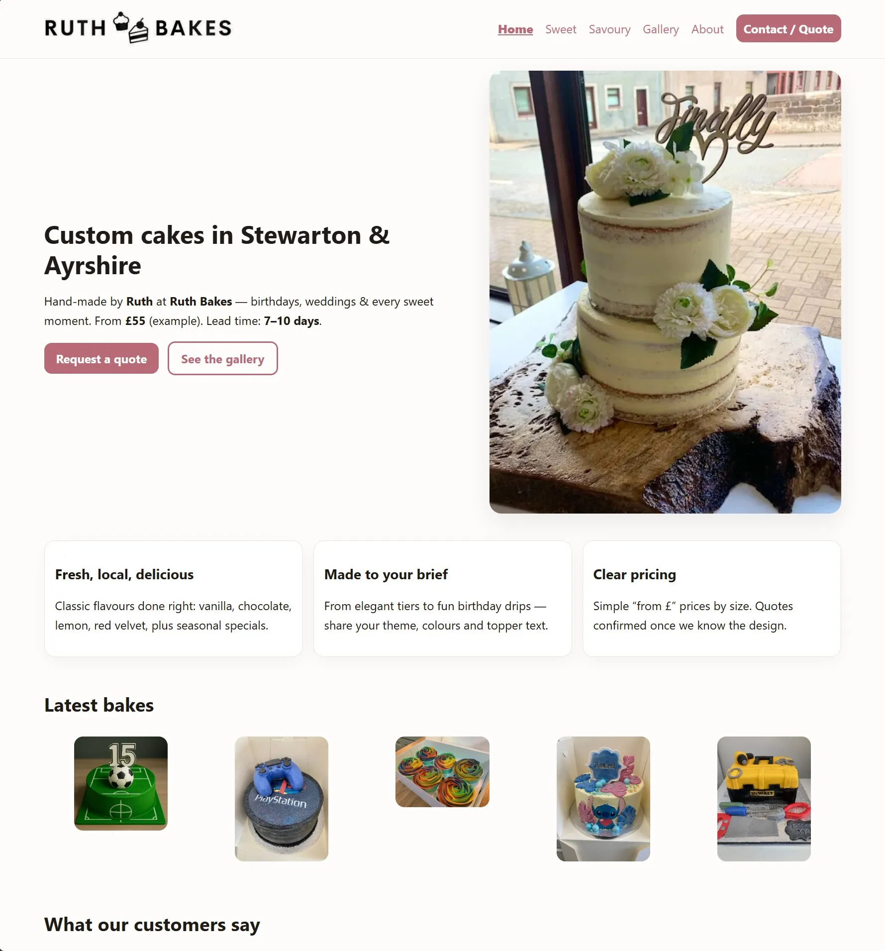 Ruth Bakes - Local bakery: custom cakes, seasonal menus, gallery.